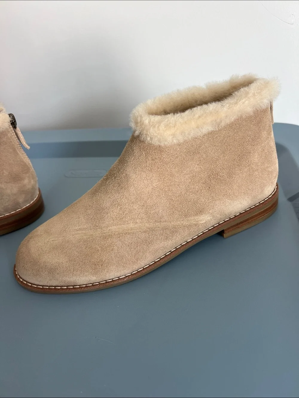 Eileen Fisher drift ankle boot booties biscuit sport suede leather tan shearling